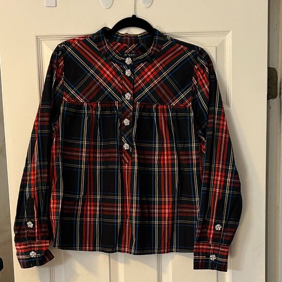 Ladies J Crew Holiday Stewart Tartan Smock Top with Pretty buttons, Size XL - Picture 2 of 8